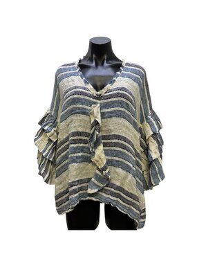 NWT Linomania Linen Blouse Blue Cream Striped Ruffle Sleeve Size L